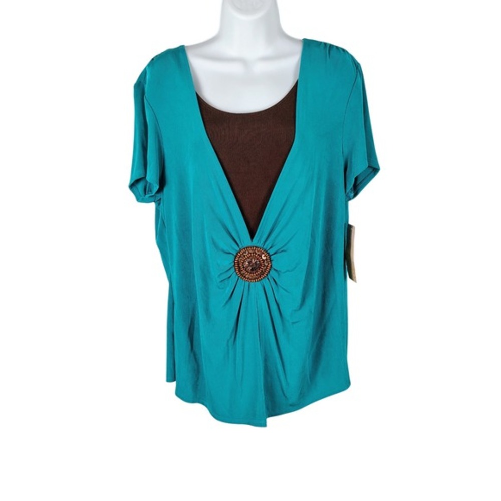 Choices Bohemian Blues‎ Teal Brown Medallion Beaded Slinky Top XL  NEW spring